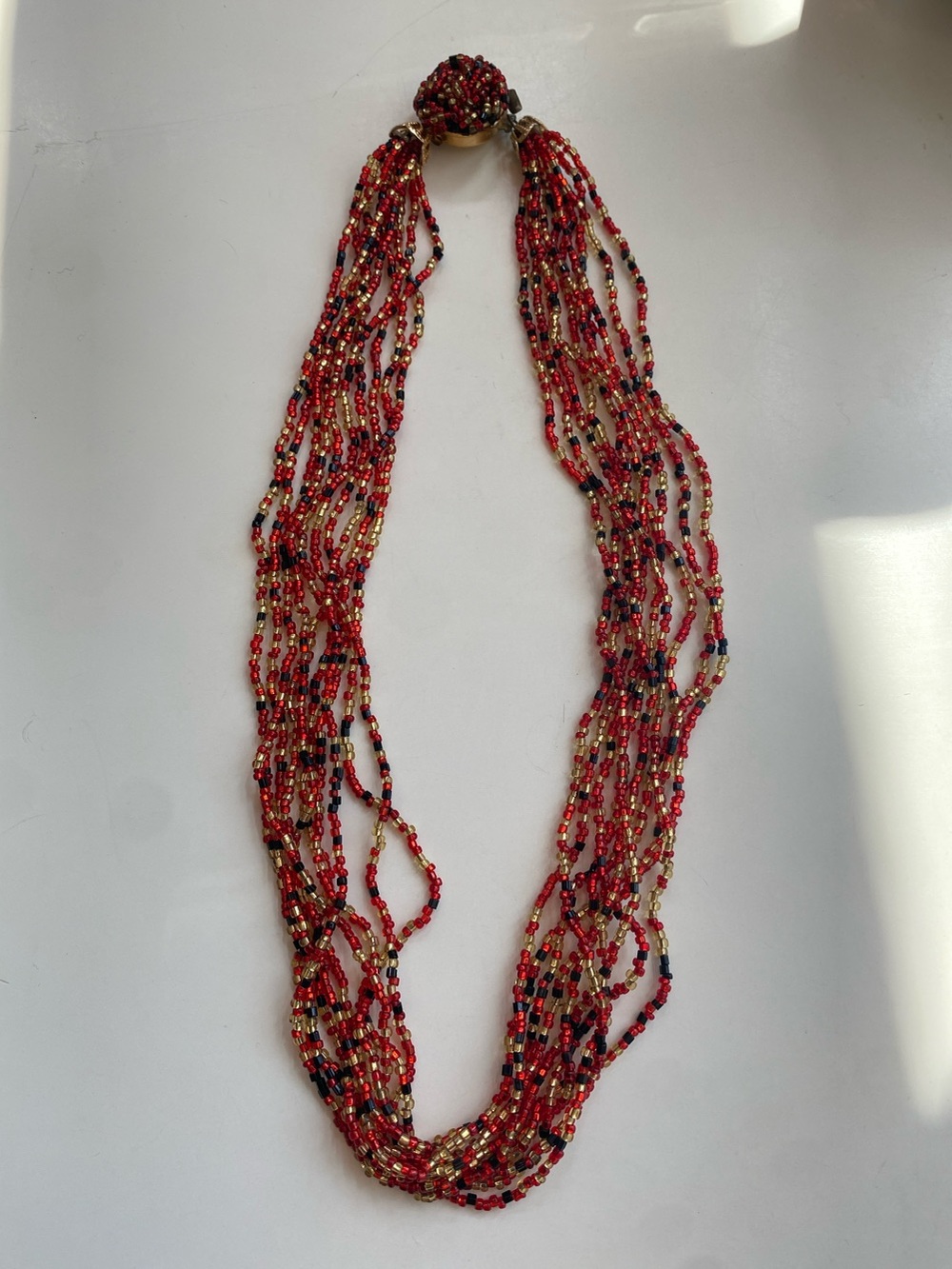 Vintage 50s-60s Multi-Strand Red Beaded Necklace with Gold/Black Accents, Japan